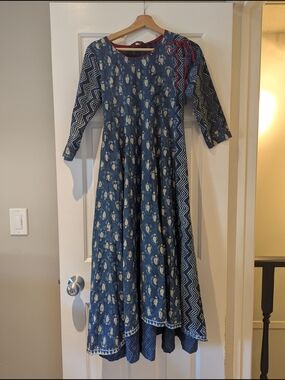 Sangria Blue Batik 100% Cotton Midi Kurti Dress Boho Eclectic Fairy Ren Faire S